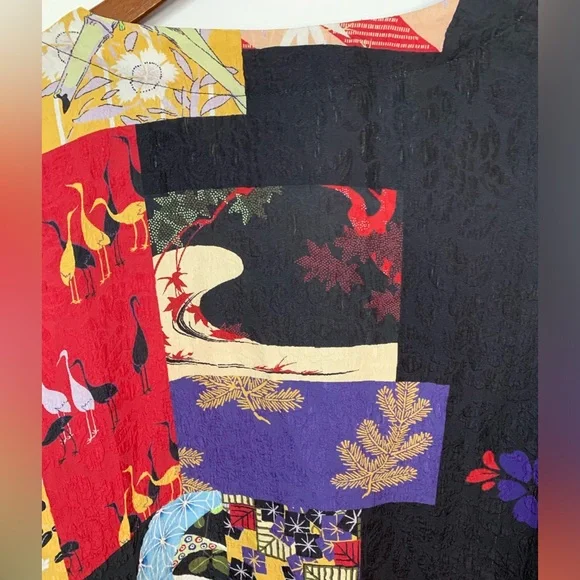 Citron 100% Silk Blouse Top Women’s Size Large Patchwork Asian Floral Arsty - Picture 4 of 8